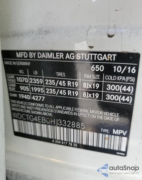 2017 Mercedes-Benz Gla 250 from USA, damaged, VIN WDCTG4EB0HJ332885